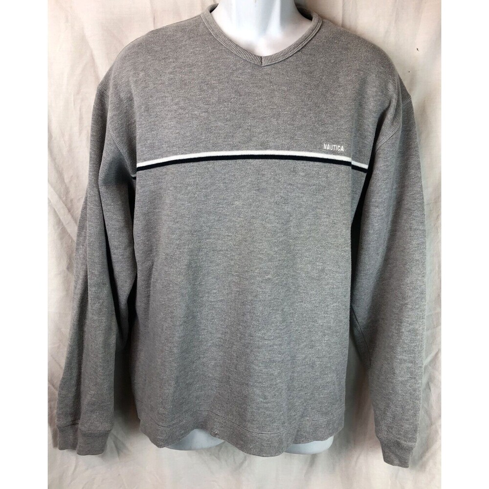 Nautica Pullover Shirt L Gray V-neck Long Sleeve Ribbed Cotton Knit Jersey